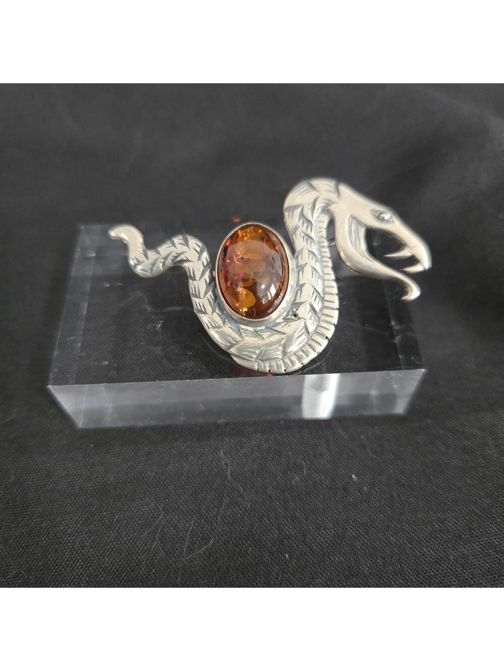 Sterling Silver Serpent Snake Faux Amber Cabochon Brooch Pin Pendant Vivah